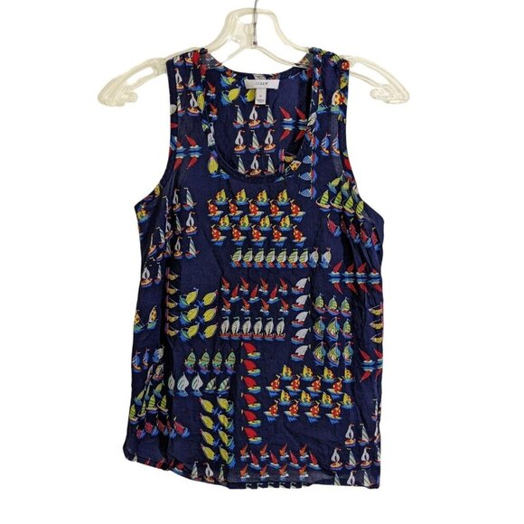J Crew Tank Top Womens Size 0 Sailboat Print Cotton Sleeveless Navy Blue Multi - Picture 2 of 5